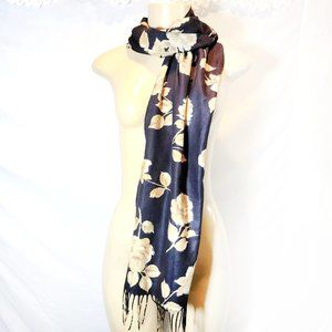 Y2K V. Fraas Yellow Roses Black Floral Tassel Oblong Cold Weather Scarf